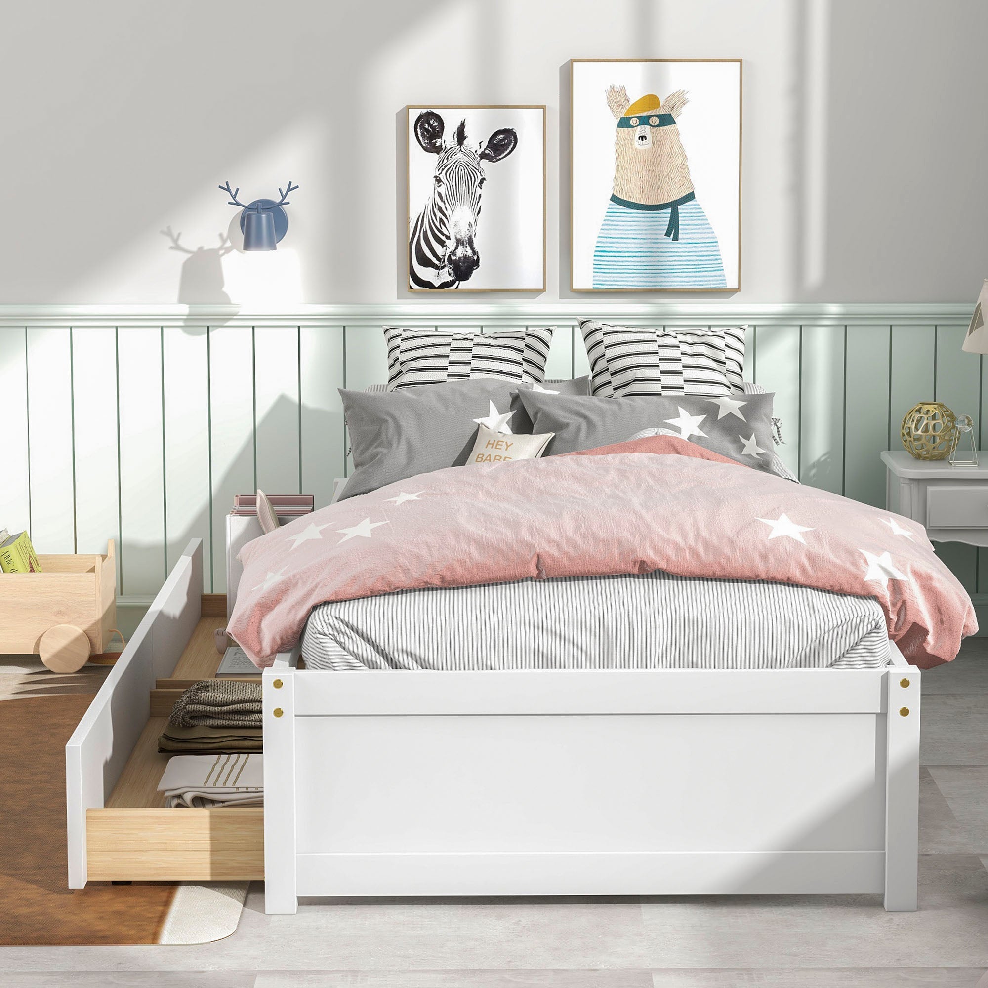 Twin Platform Bed Frame with Storage Drawers, Kids Twin Size Bed Frame No Box Spring Needed, Solid Wood Platform Beds with Two Drawers, Modern Single Bed Bedroom Furniture, White, J1159