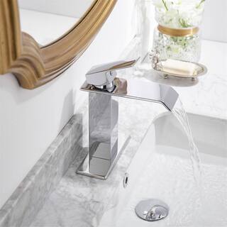 FLG Single-Handle Single-Hole Waterfall Bathroom Sink Faucet with Pop-Up Drain Kit and Deckplate Included in Polished Chrome LE-0087-C-D