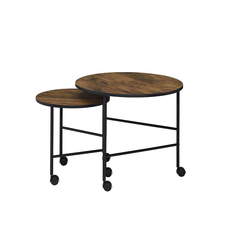 2 Piece Round Nesting End Table with Casters， Oak Brown and Black