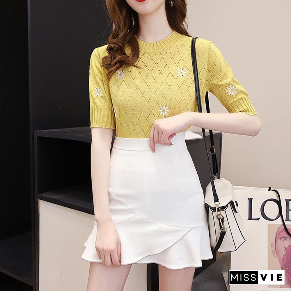 Embroidery Knit Tee+Fishtail Skirt P11422