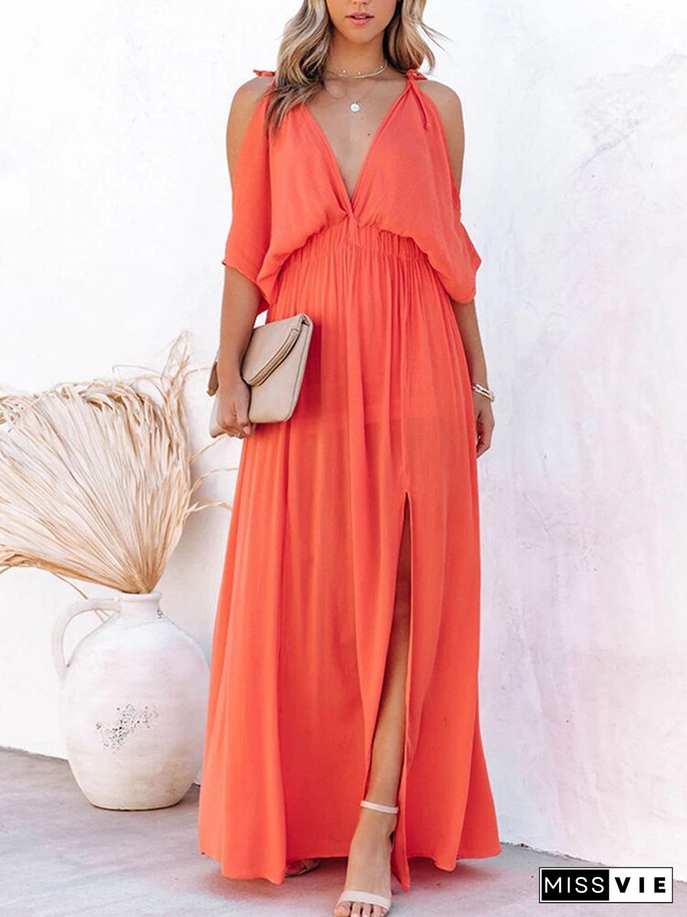 Sexy Solid Deep V Hollow Party Dresses Elegant Casual Chiffon Slit Long Beach Dress Summer Elastic High Waist Half Sleeve Dress