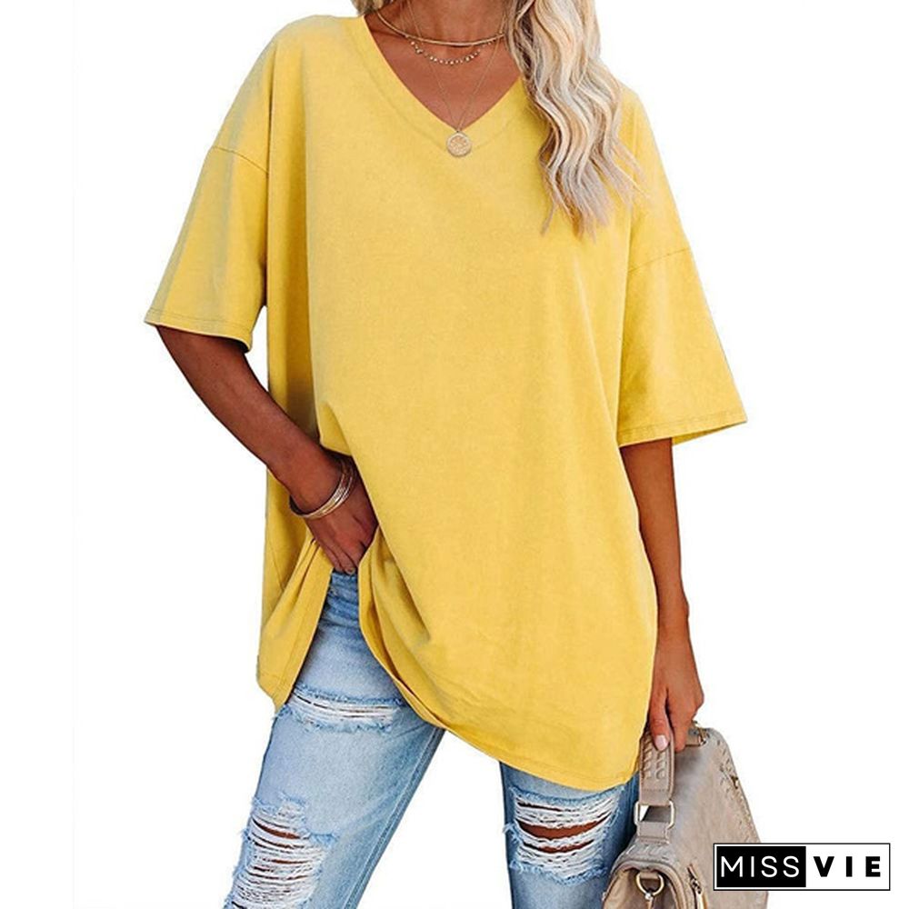 XS-8XL Spring Summer Tops Plus Size Fashion Clothes Women's Casual Short Sleeve Tee Shirts Ladies O-neck Blouses Solid Color Oversized Pullover Tops Half Sleeve Loose T-shirt Beach Wear Cotton T-shirt