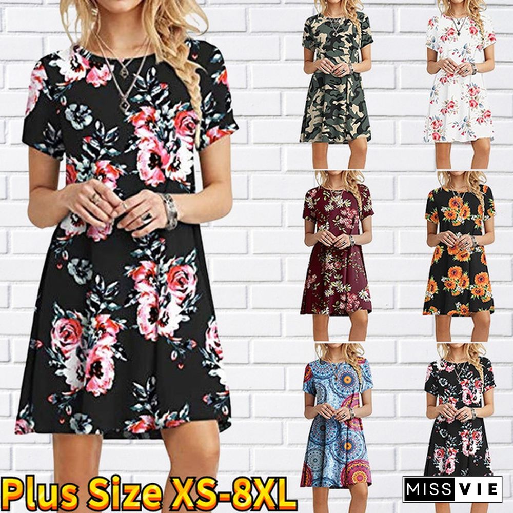 Ladies Fashion Dress Floral Leaf Print Ladies Casual Dress Summer Beach Short Sleeve Dress Long Skirt Plus Size Xs-8Xl