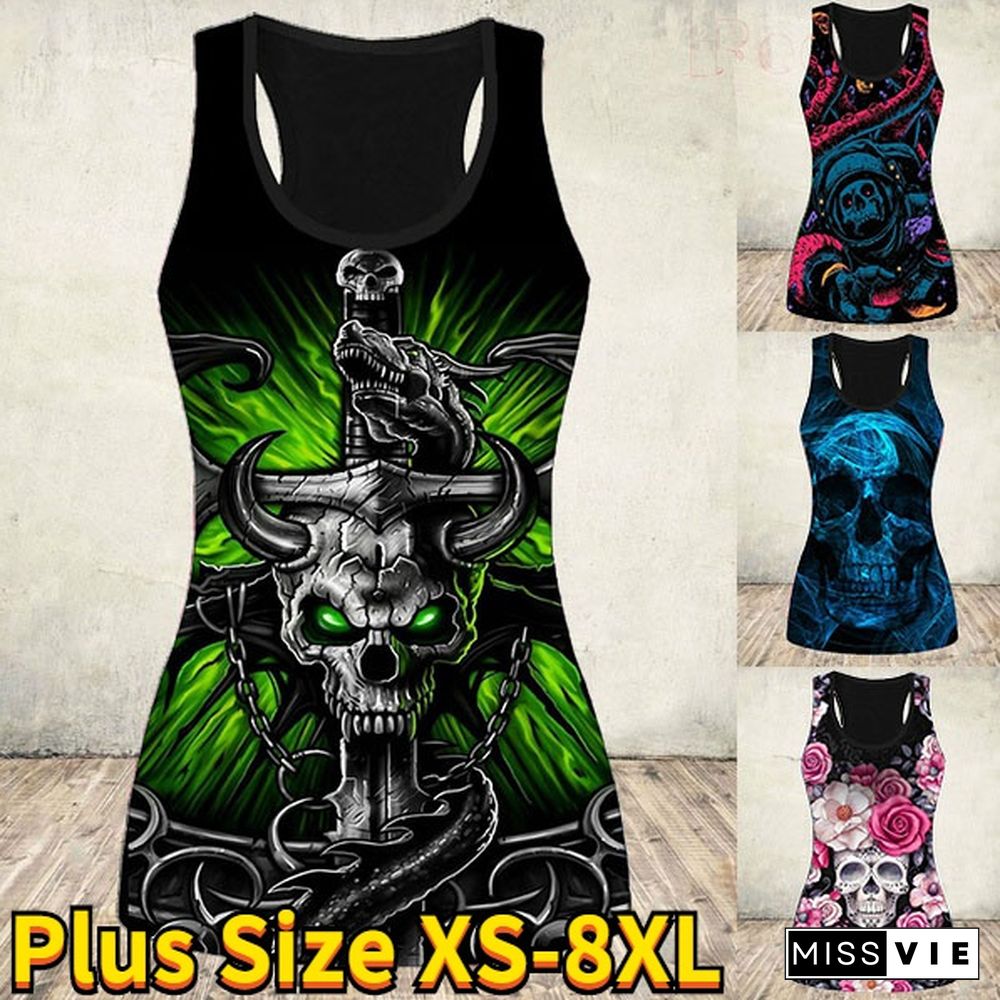 Women's Fashion 3D Skull Print Hollow Out Tank Top Summer Sleeveless Graphic Punk Shirt Slim Fit Cotton Gothic Tee Tops Plus Size Vest XS-8XL