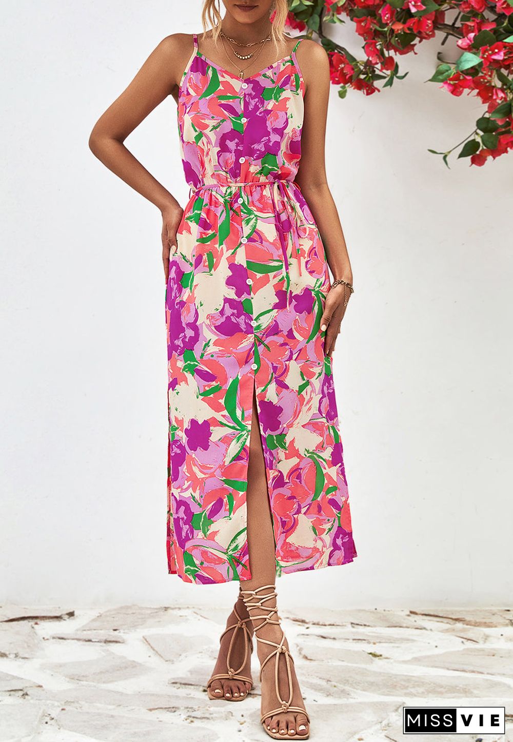 Abstract Floral Print V Neck Dress