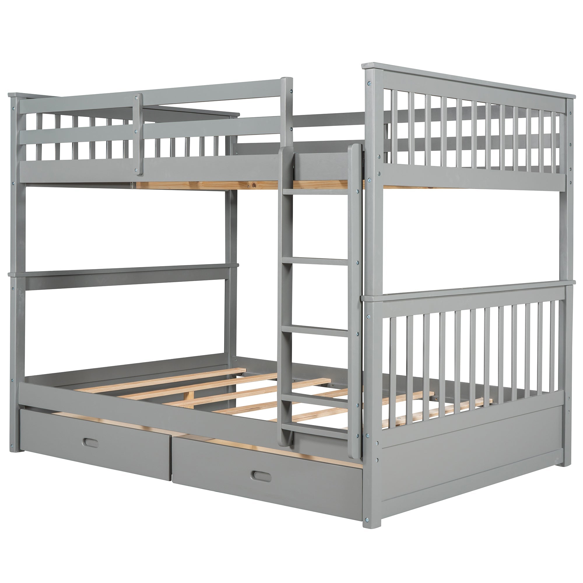 Wood Full Over Full Bunk Bed with Two Storage Drawers and Ladders for Kids Adults,Gray