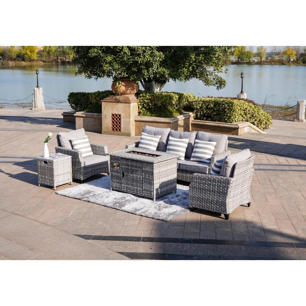 moda furnishings Torch Grey 5-Pieces Wicker Patio Conversation set with Fire pit and Grey Cushions MODAF-1802