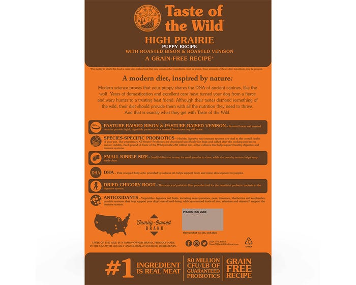 Taste of The Wild Grain Free High Prairie Puppy Recipe with Roasted Bison  Venison， 28 lb. Bag