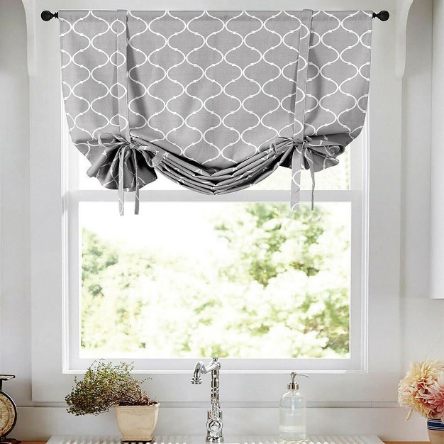 Kate Aurora Gray amp White Lattice Clover Ultra Luxurious Single Tie Up Window Curtain Shade 42 In W X 63 In L