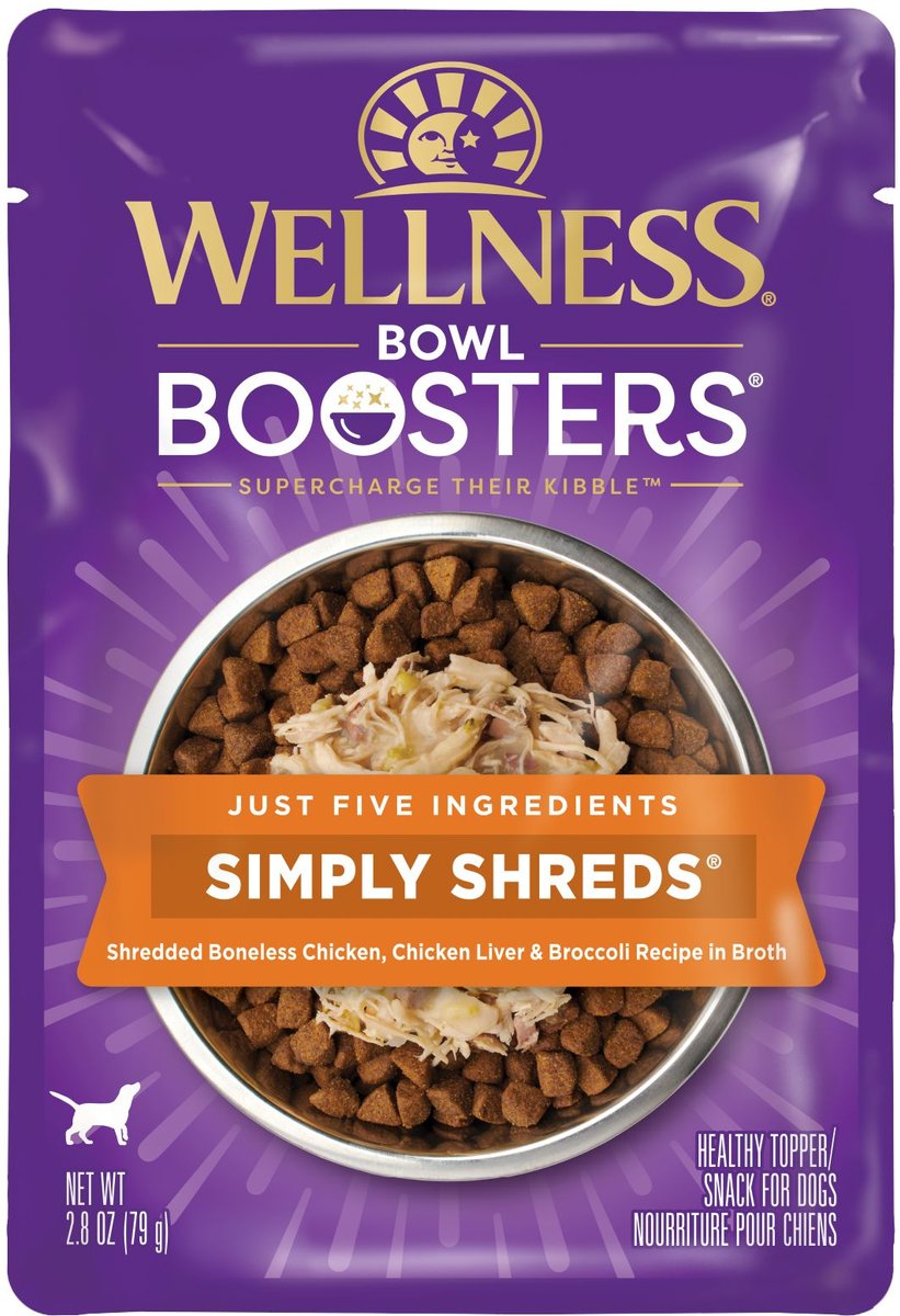 Wellness Bowl Boosters Simply Shreds Chicken Liver and Broccoli Natural Grain Free Wet Dog Food Mixer or Topper， 2.8-oz pouch， case of 12