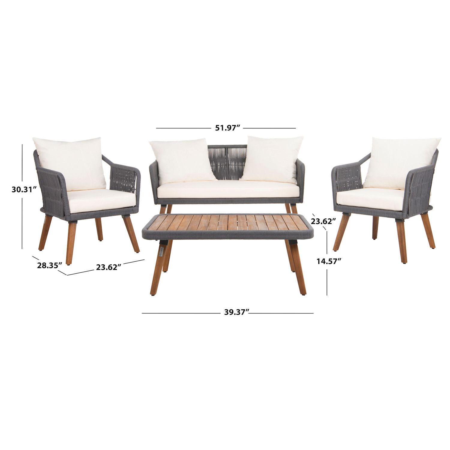 Safavieh Raldin Rope Living Loveseat， Chair and Coffee Table Patio 4-piece Set