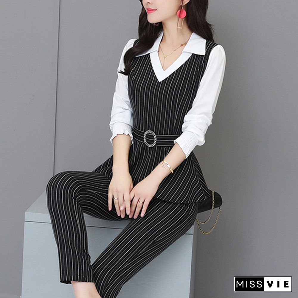 Grey Black Office Striped Two Piece Sets Outfits Women Plus Size Fake Two Pieces Shirts And Pants Suits Elegant Korean Sets