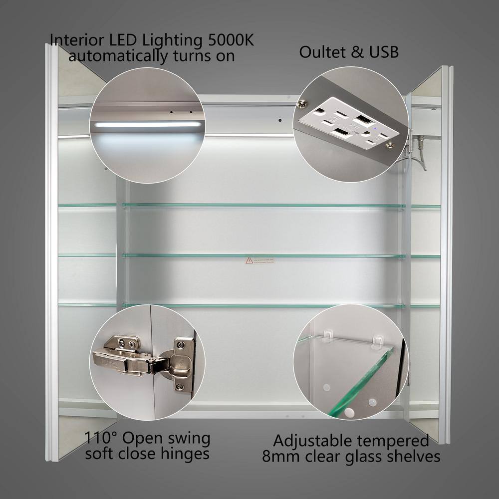 ExBrite 30 in. W x 32 in. H Silver Aluminum Recessed or Surface Mount Medicine Cabinet with Mirror LED and Clock DHMC3032V6TX