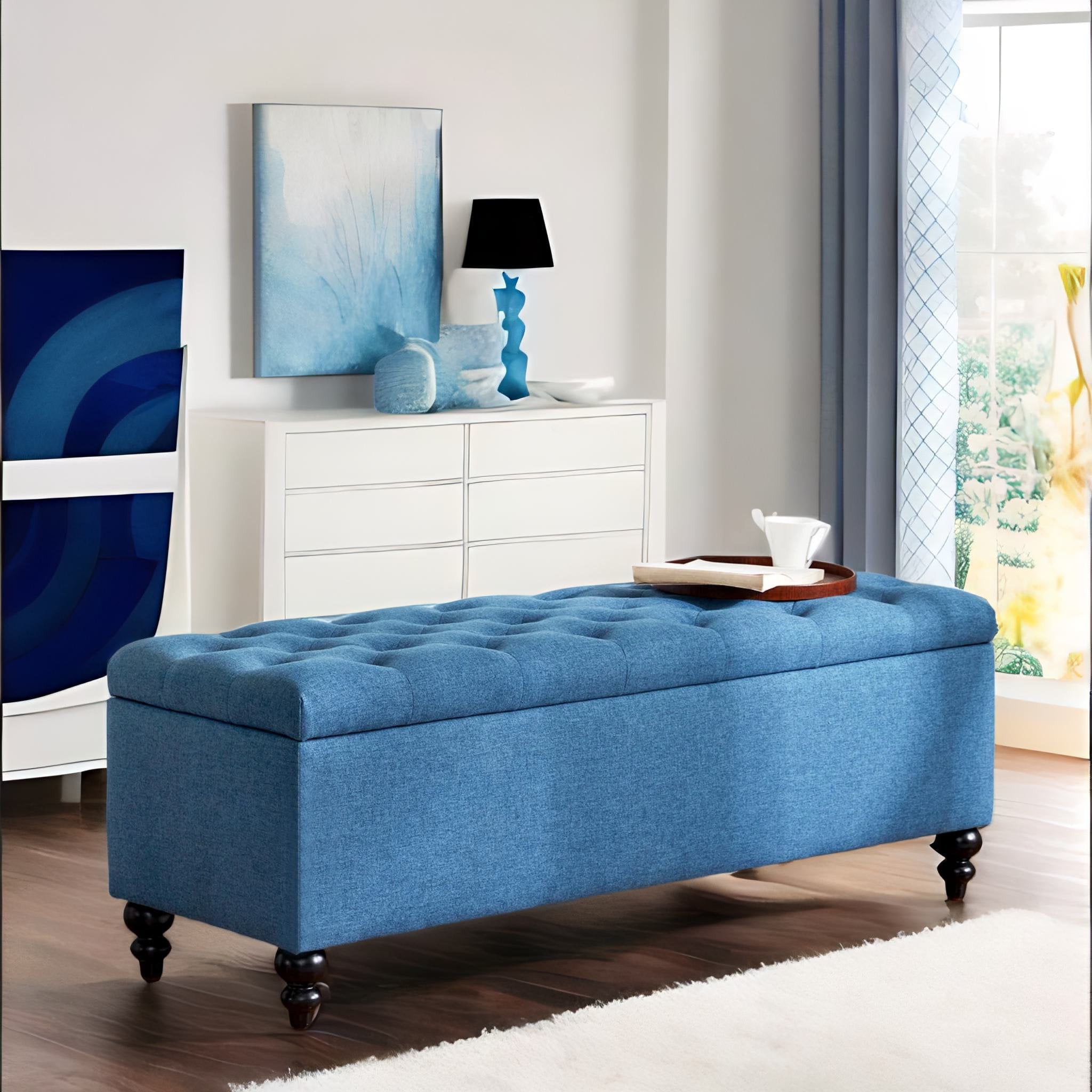 HUIMO Ottoman with Storage, 51-inch Large Storage Bench with Button-Tufted, Bedroom Bench Safety Hinge Ottoman in Upholstered Fabrics for Living Room (Blue)