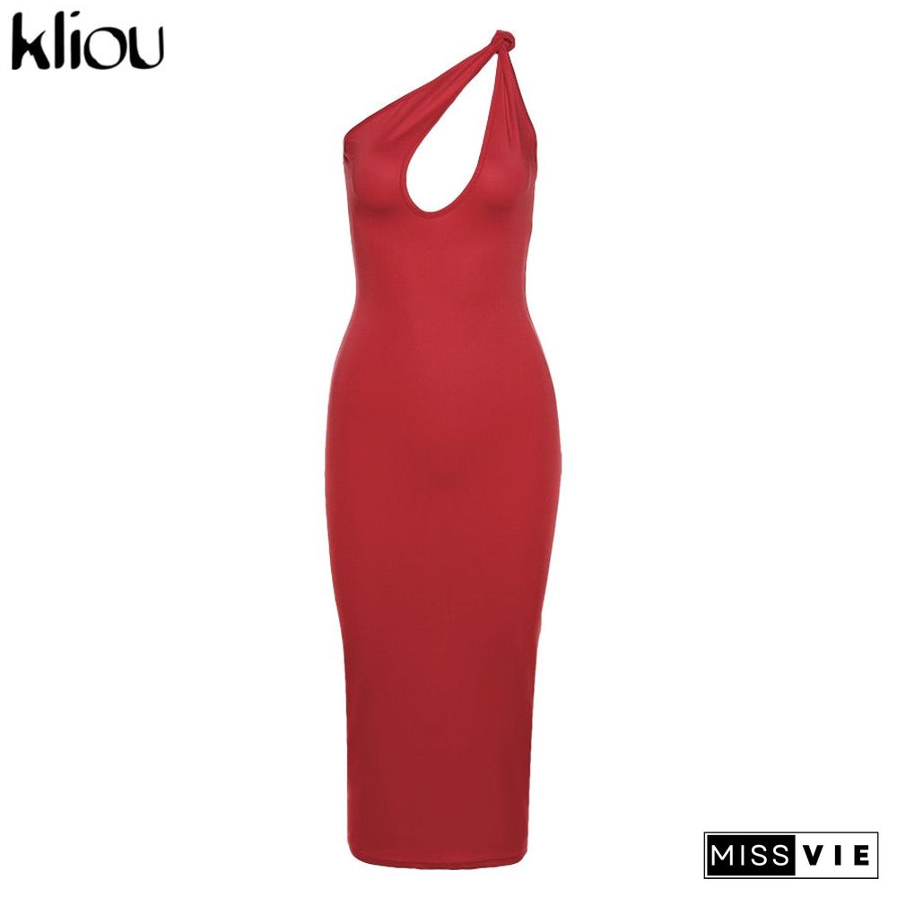 Kliou Cut Out Sexy Midnight Clubwear Maxi Dresses Solid One Shoulder Birthday Outfit For Women Slim Bodycon Party Dress