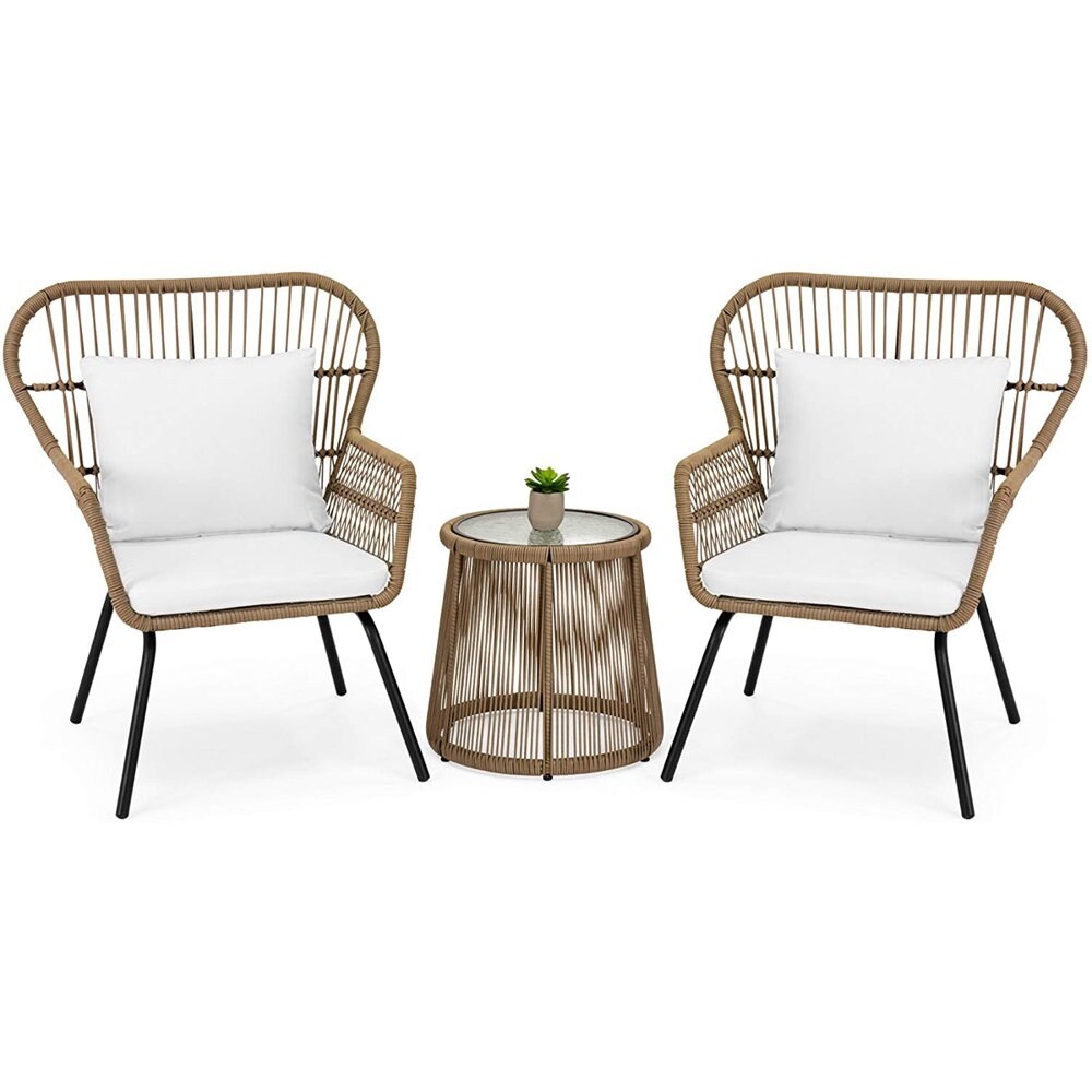 3-Piece Patio Wicker Conversation Bistro Set w/ 2-Chairs， Glass Top Side Table， Cushions - Overstock - 37969144