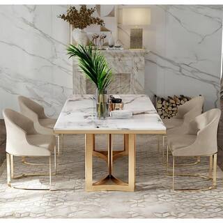 FORCLOVER 71 in. Rectangular Luxury White Marble Modern Dining Table wGold Stainless Legs for Kitchen and Dining Room (Seats 8) MONMUCF-05