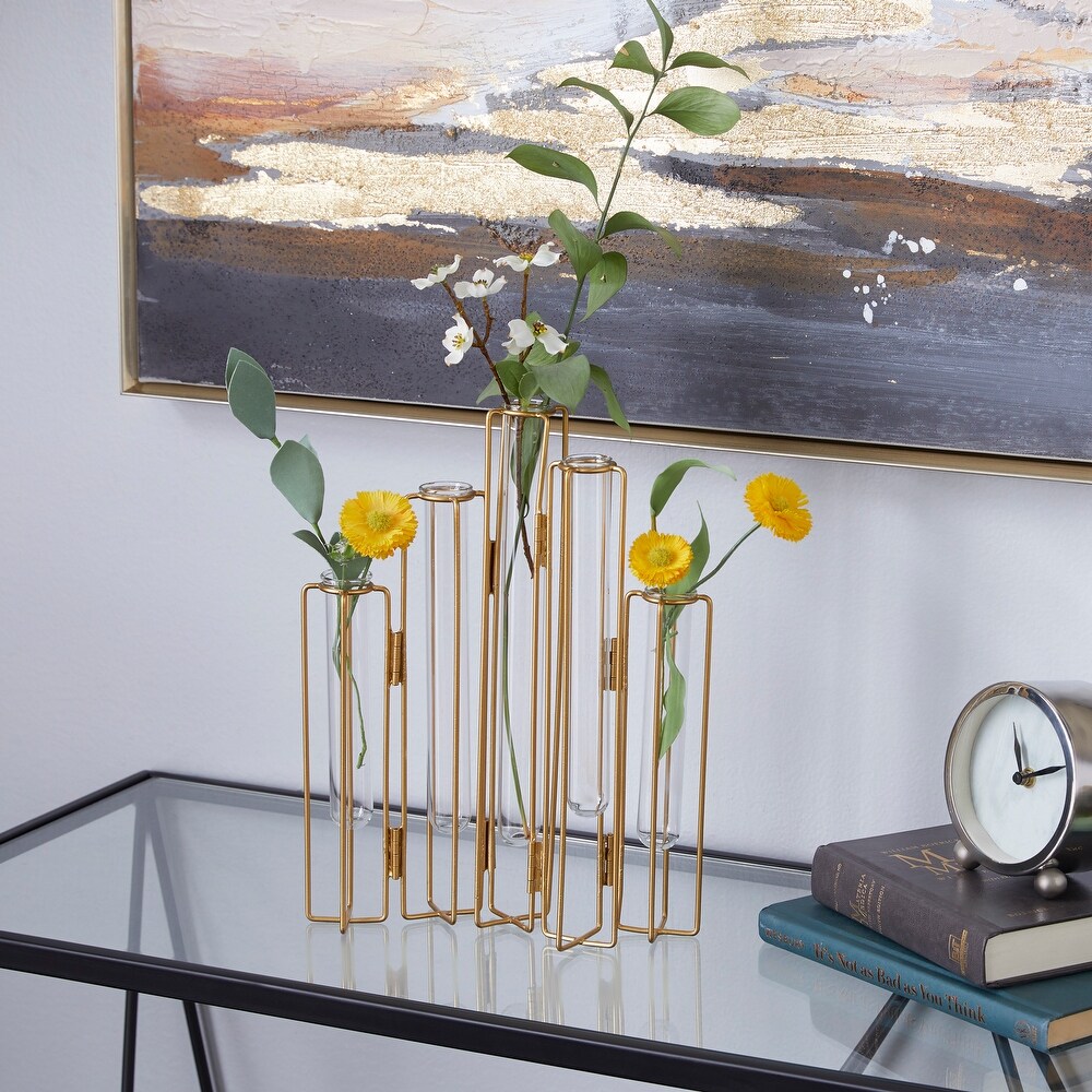 Gold or Silver Metal Foldable Vase with Clear Glass Tubes