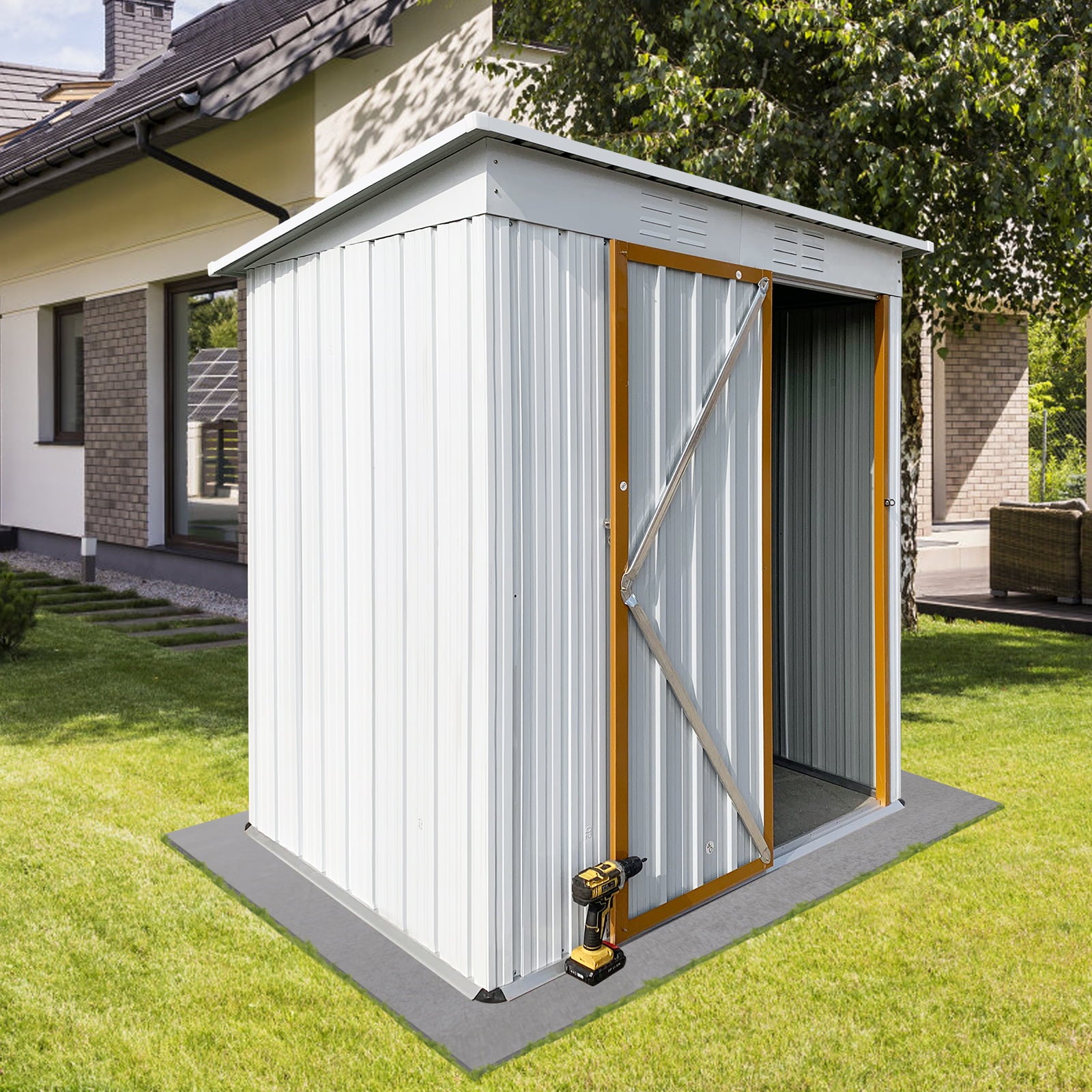 5x3 FT Outdoor Storage Shed, Galvanized Steel Garden Shed with Lockable Door for Bike, Tool, Lawnmower, Metal Lawn Backyard Sheds, Patio Outdoor Storage, White Brown