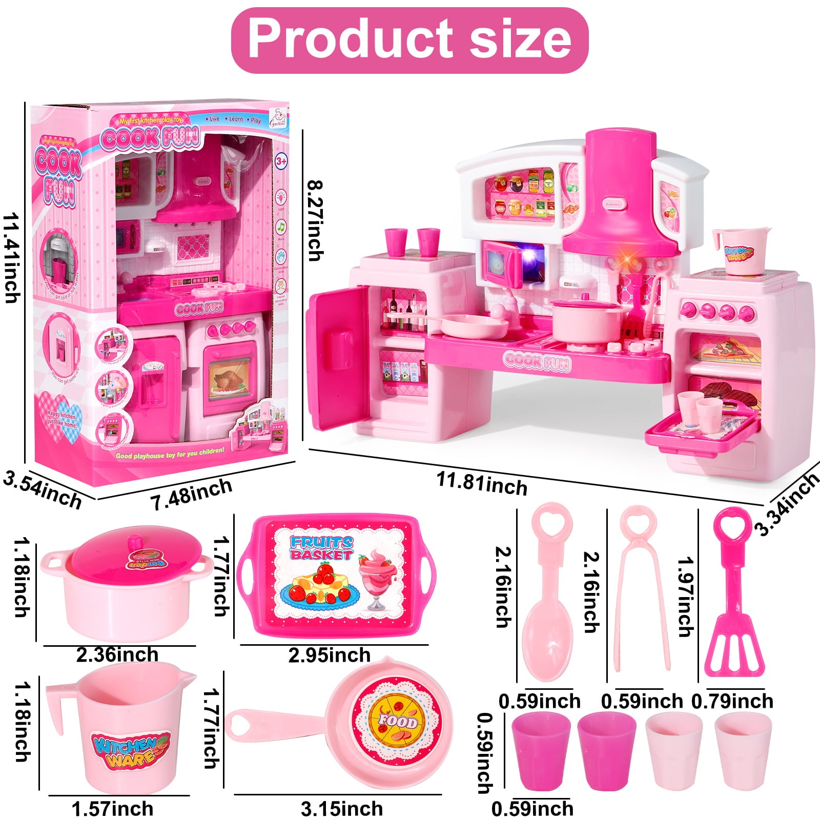 Play Kitchen Toys for Girls 3-6 Years Mini Oven Playset Pretend Food Cooking Pink Kitchen Toys for Toddlers Sounds and Light Stove (Miniature - Barbie doll Size)