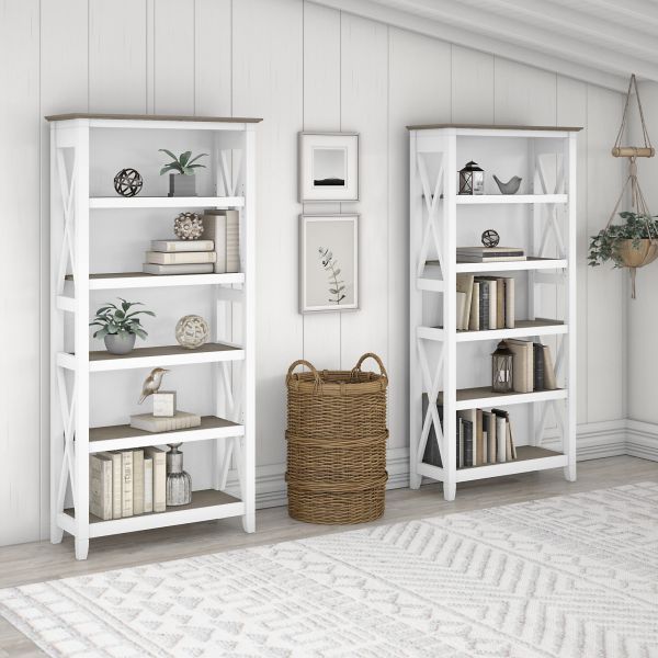 Bush Furniture Key West 5 Shelf Bookcase Set in Pure White and Shiplap Gray