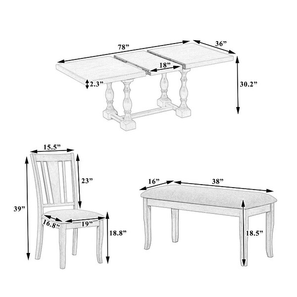 Extendable Dining Table Set with Removable Leaf，Padded Chairs and Bench