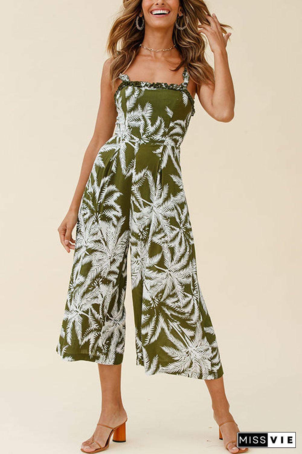 Palm Print Slip Wide Leg Jumpsuits