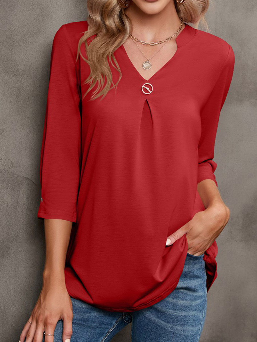 V-neck Casual Loose Solid Color Long-sleeved Blouse