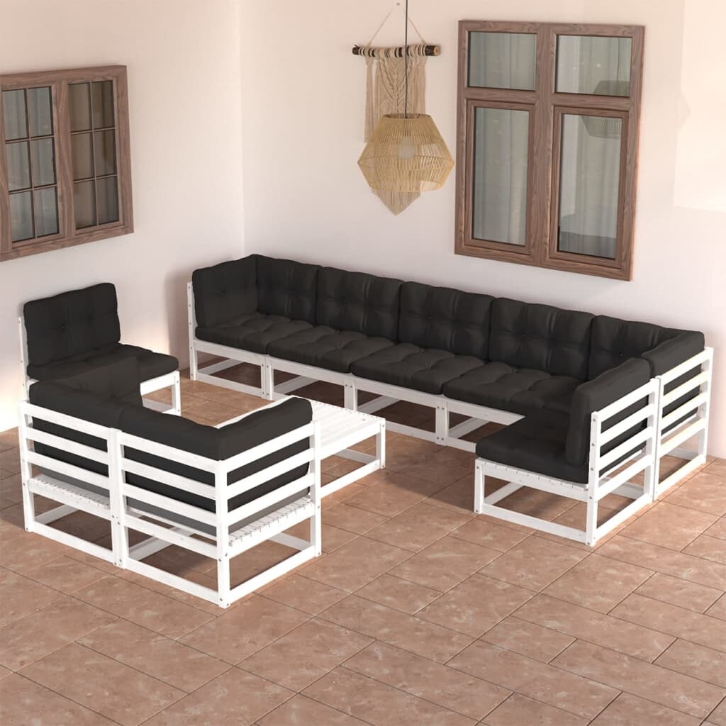 10 Piece Patio Lounge Set with Cushions Solid Pinewood - Overstock - 36225911