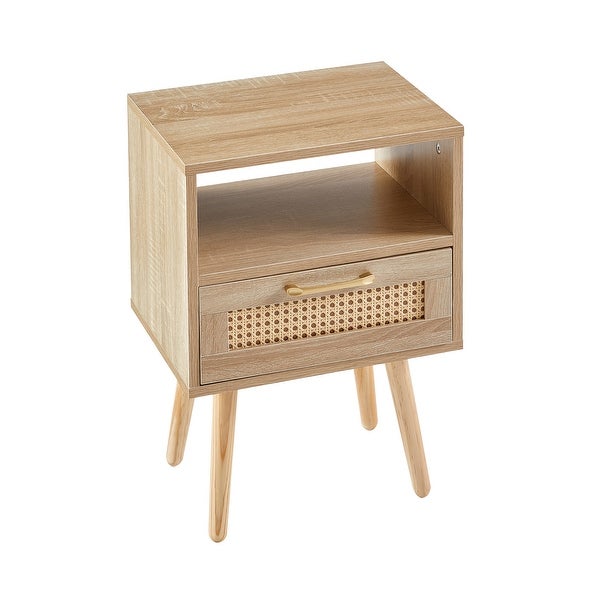 Modern Rattan Side table/Nightstand with 1 Shelf，1 drawer and 4 Solid Wood Legs