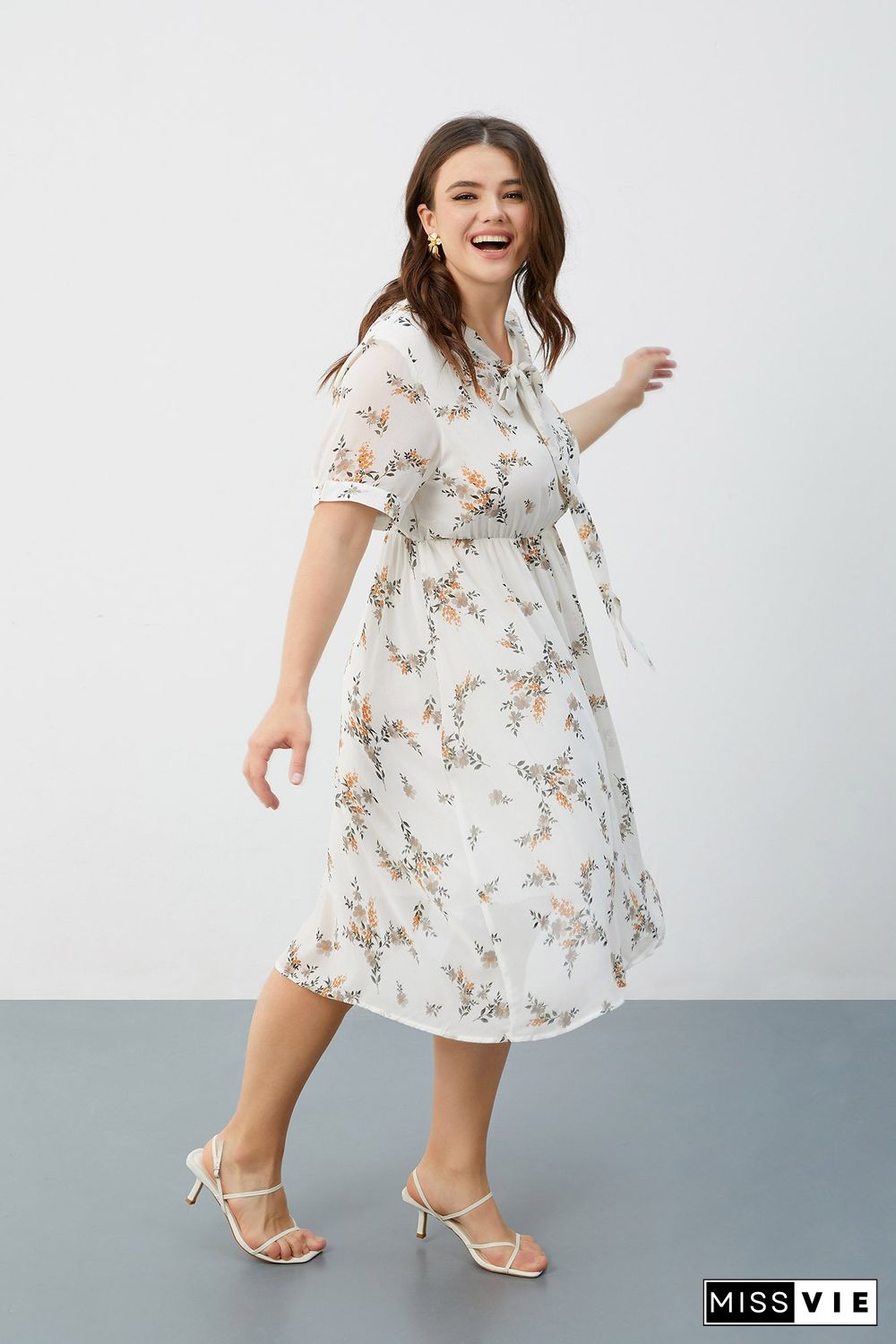 White Floral-print Tie-neck Midi Dress P16383