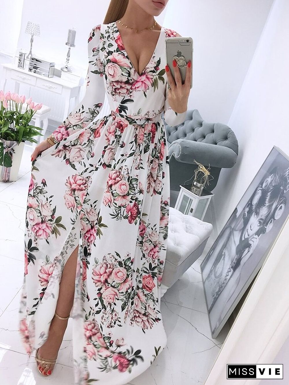 Spring Fashion Floral Print Long Party Dress Ladies Elegant V Neck Long Sleeve Split Dress Sweet Temperament Office Ladies Dress