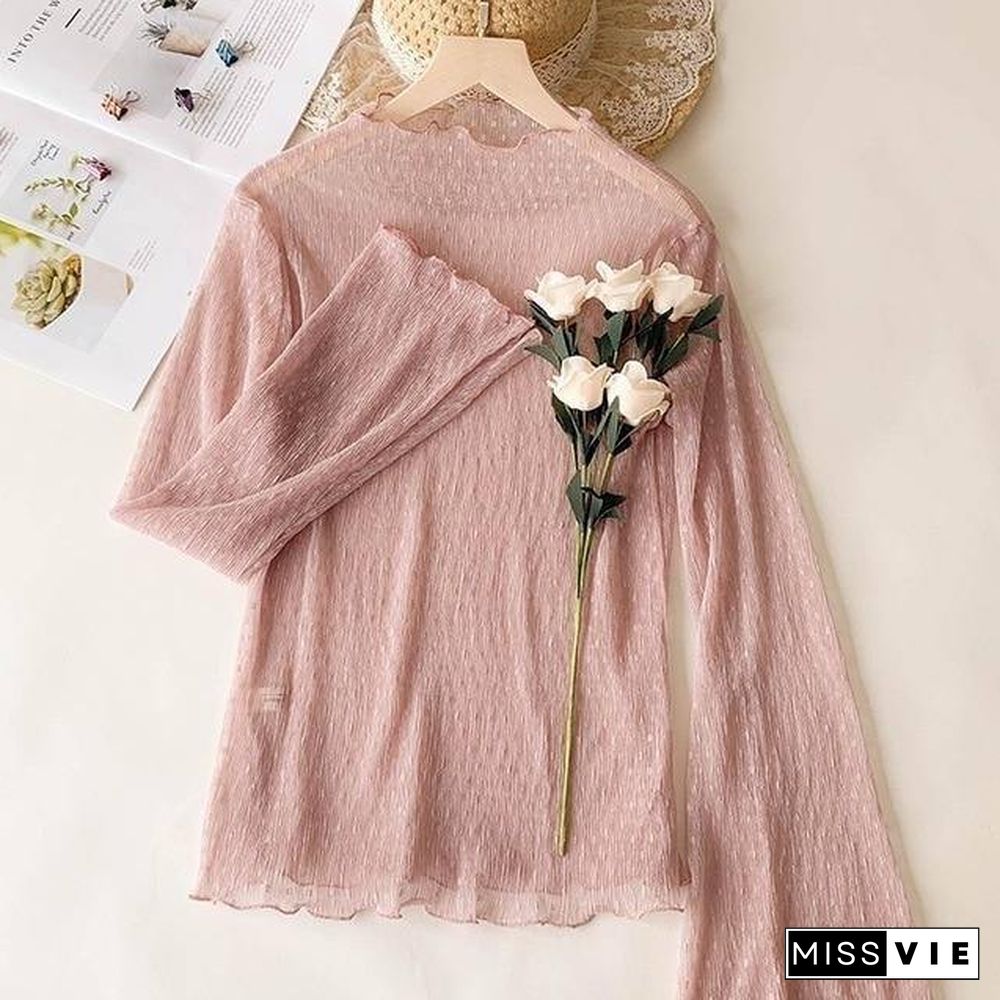 New Transparent Korean Loose Women Lace Blouse 3 Colors Female Bottoming Blouses Plus Size Cheaper Tops