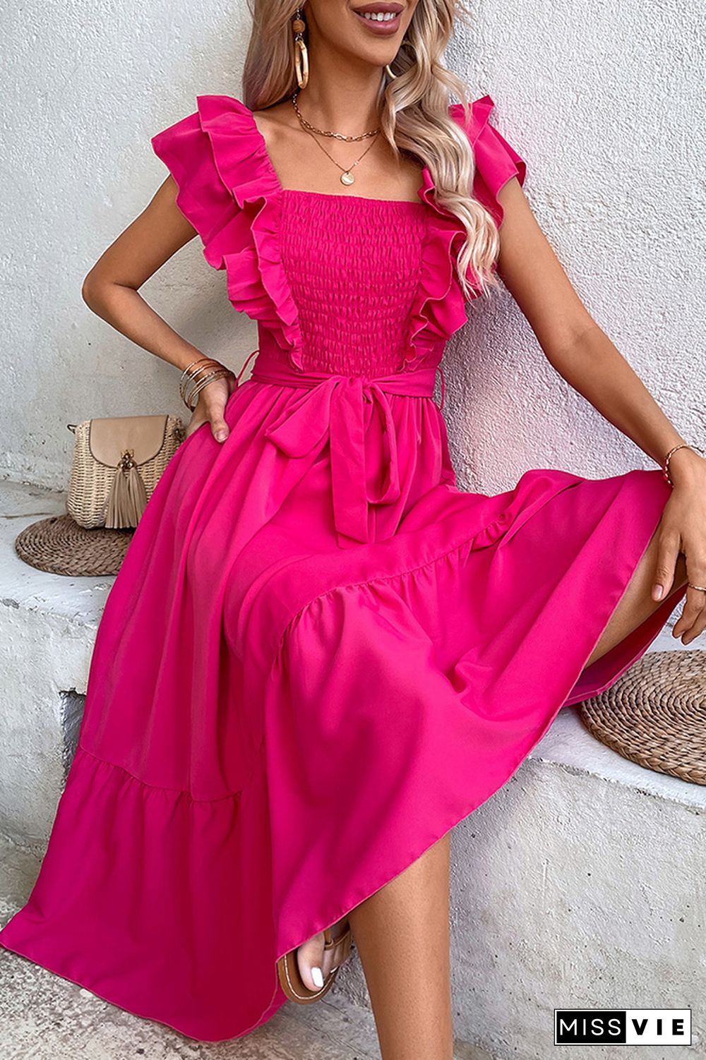 Rose Smocked Ruffles Midi Dress With Sash