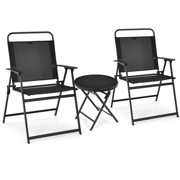 Tangkula 3pcs Patio Bistro Set Outdoor Folding Table amp Chairs Set W tempered Glass Top Black