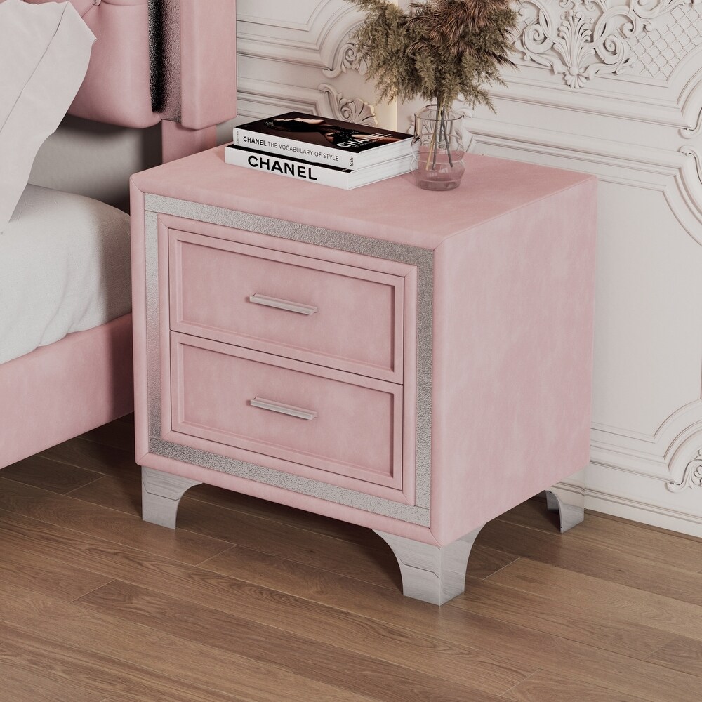 Wood Upholstered Nightstand with 2 Drawers and Metal Legs  Modern Velvet Bedside End Table for Bedroom  Easy Assembly