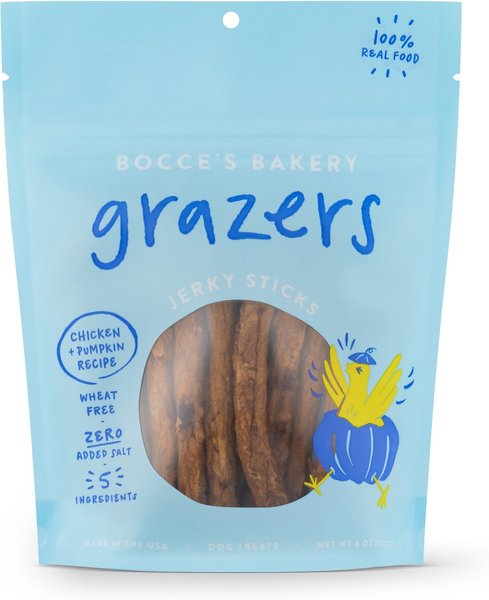 Bocce's Bakery Grazers Chicken Jerky Dog Treats， 4-oz pouch