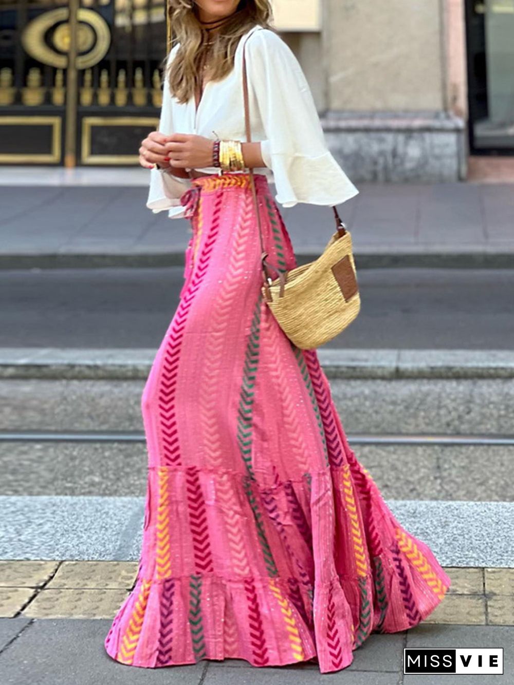 Chevron Pattern High Waist Drawstring Big Swing Maxi Skirt