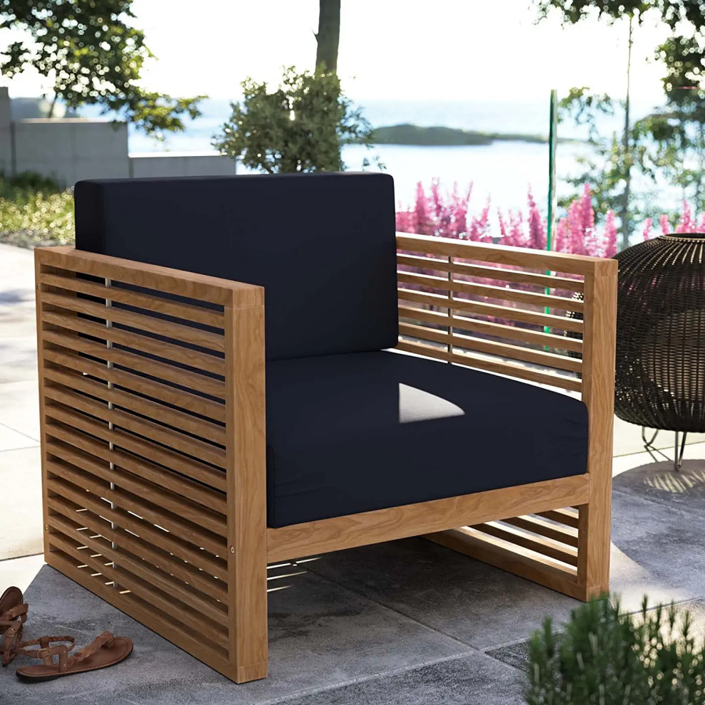 Outdoor Lounge Armchair  Slatted Premium Teak Wood Frame  ampSunproof Navy Cushion   Transitional   Outdoor Lounge Chairs   by Decor Love  Houzz