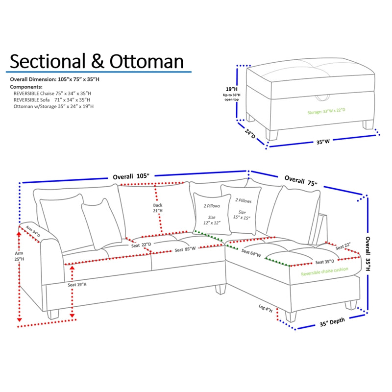 Bobkona Rianne Dorris Reversible Sectional with Storage Ottoman set in Slate.