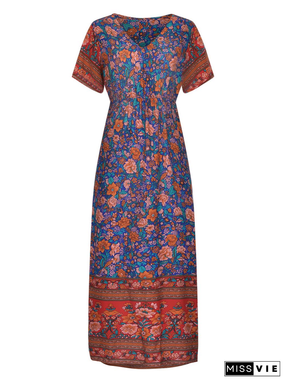 Bohemian Print V-neck Waist Dress Resort Beach Dress