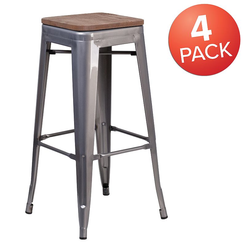 Merrick Lane Set of 4 Hamburg 30 Inch Tall Clear Coated Metal Bar Counter Stool With Textured Elm Wood Seat