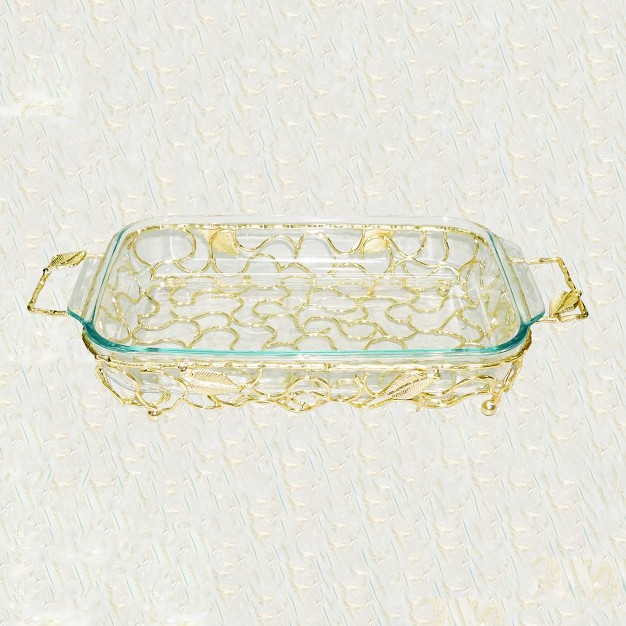 Classic Touch Rectangular Gold Handled Pyrex Holder With Leaf Design