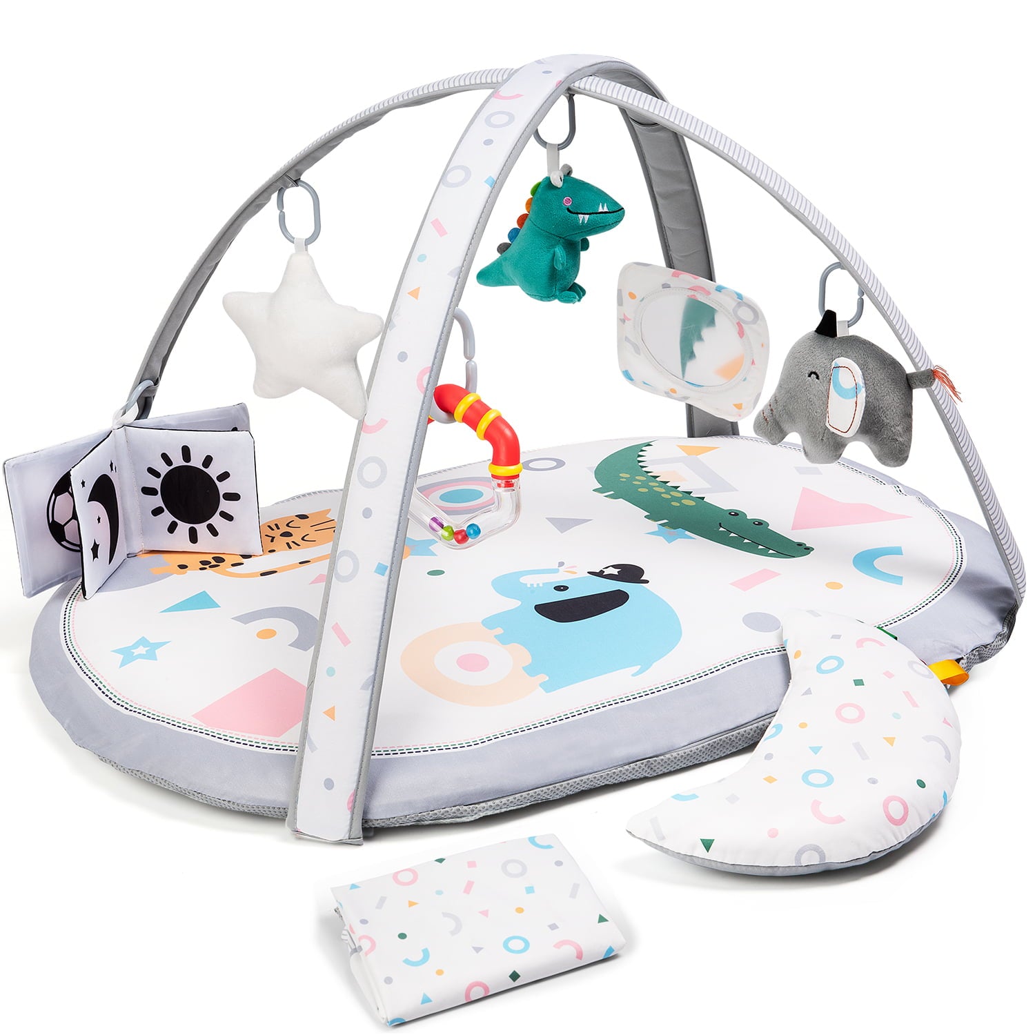 Lupantte 7-in-1 Baby Activity Gym， Baby Learning Toys Gym Mat with 6 Toys 2 Replaceable Washable Mat Covers，for Newborn