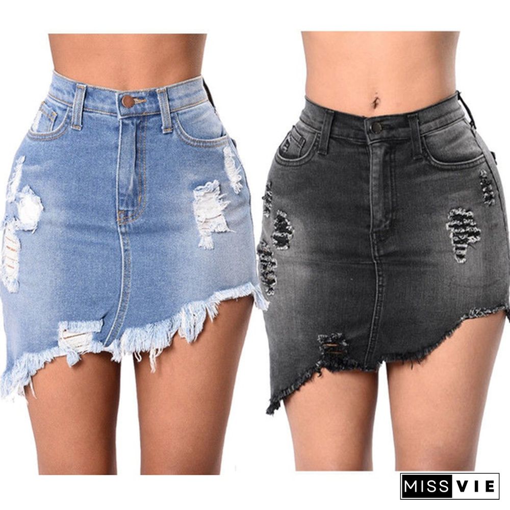 Fashion Women Ladies Ripped Tassel Hem Denim Jeans Short Mini Skirt Dress Plus