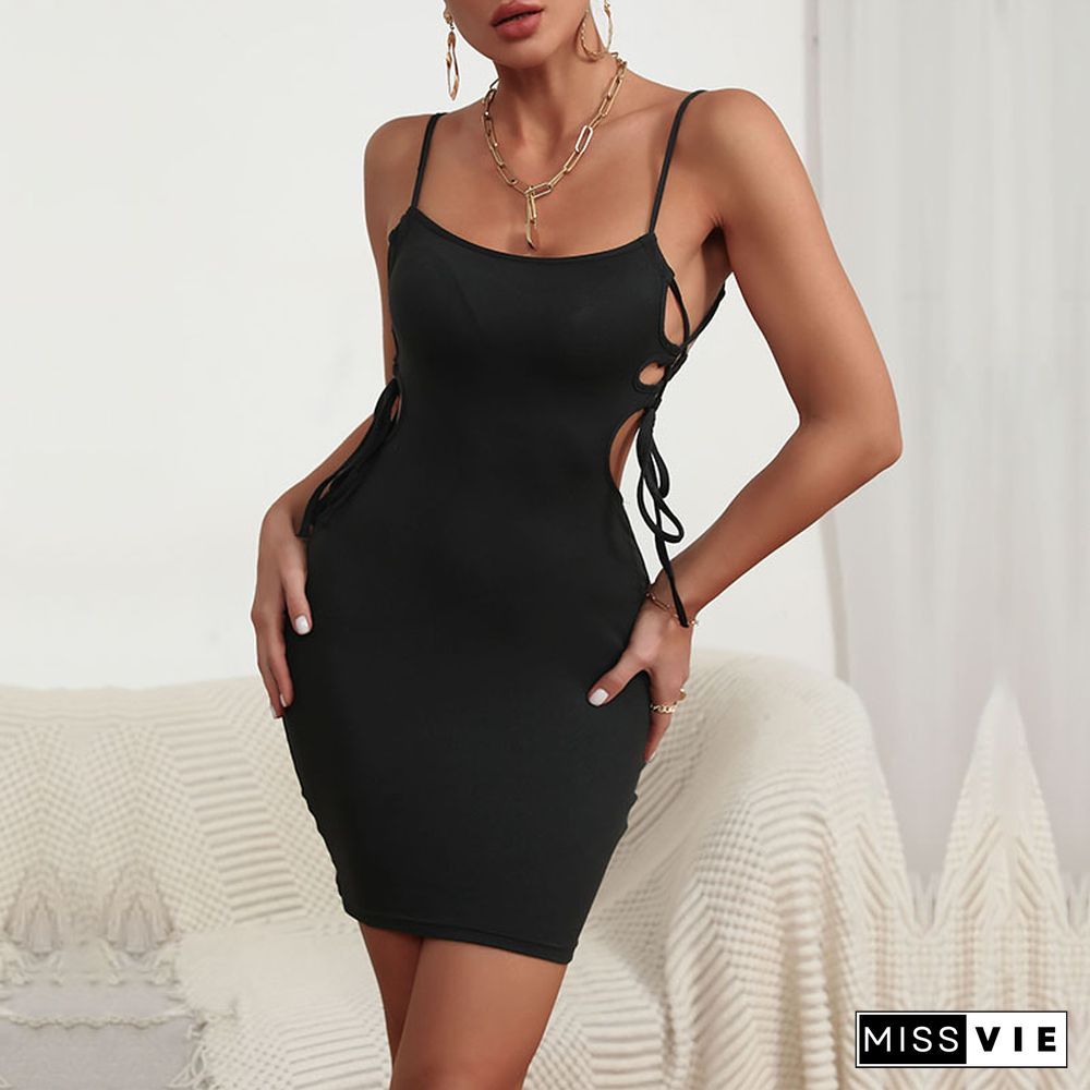 Sexy Dress Women Summer Dresses New Solid Black Lace-up Hollow Out Show Waist Skinny Slim A-line Mini Slip Dress For Women