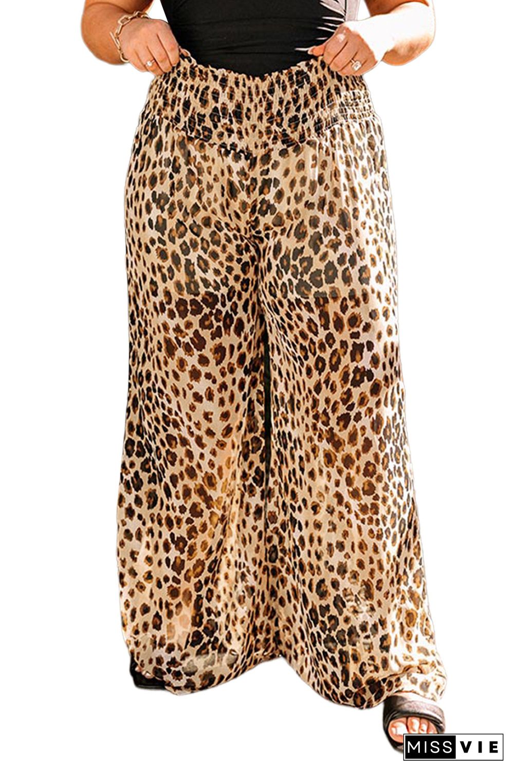 Leopard Plus Size Smoked High Waist Wide Leg Pants