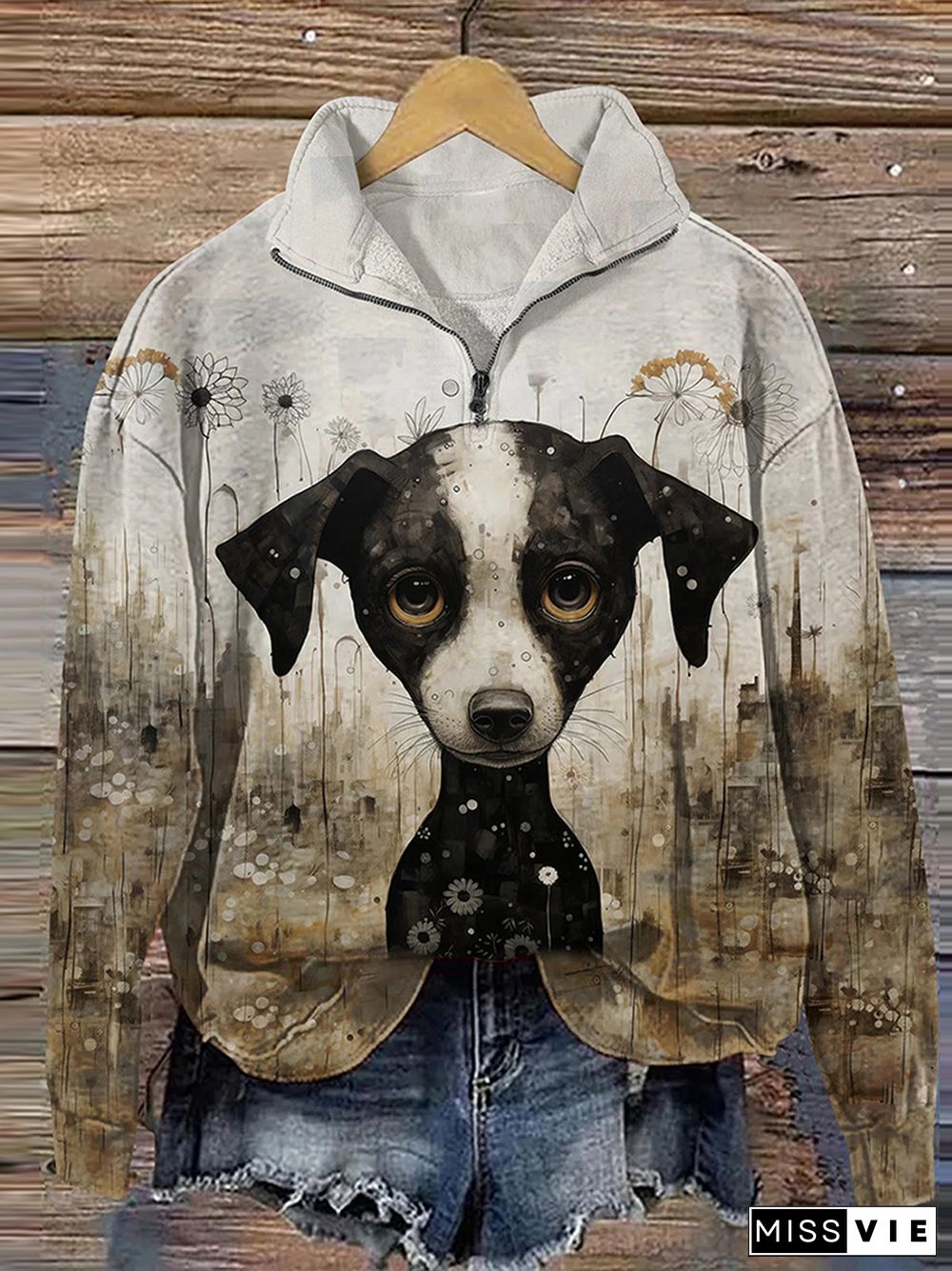 Women Retro Ink Color Dog Print Casual Zipper Sweatshirt