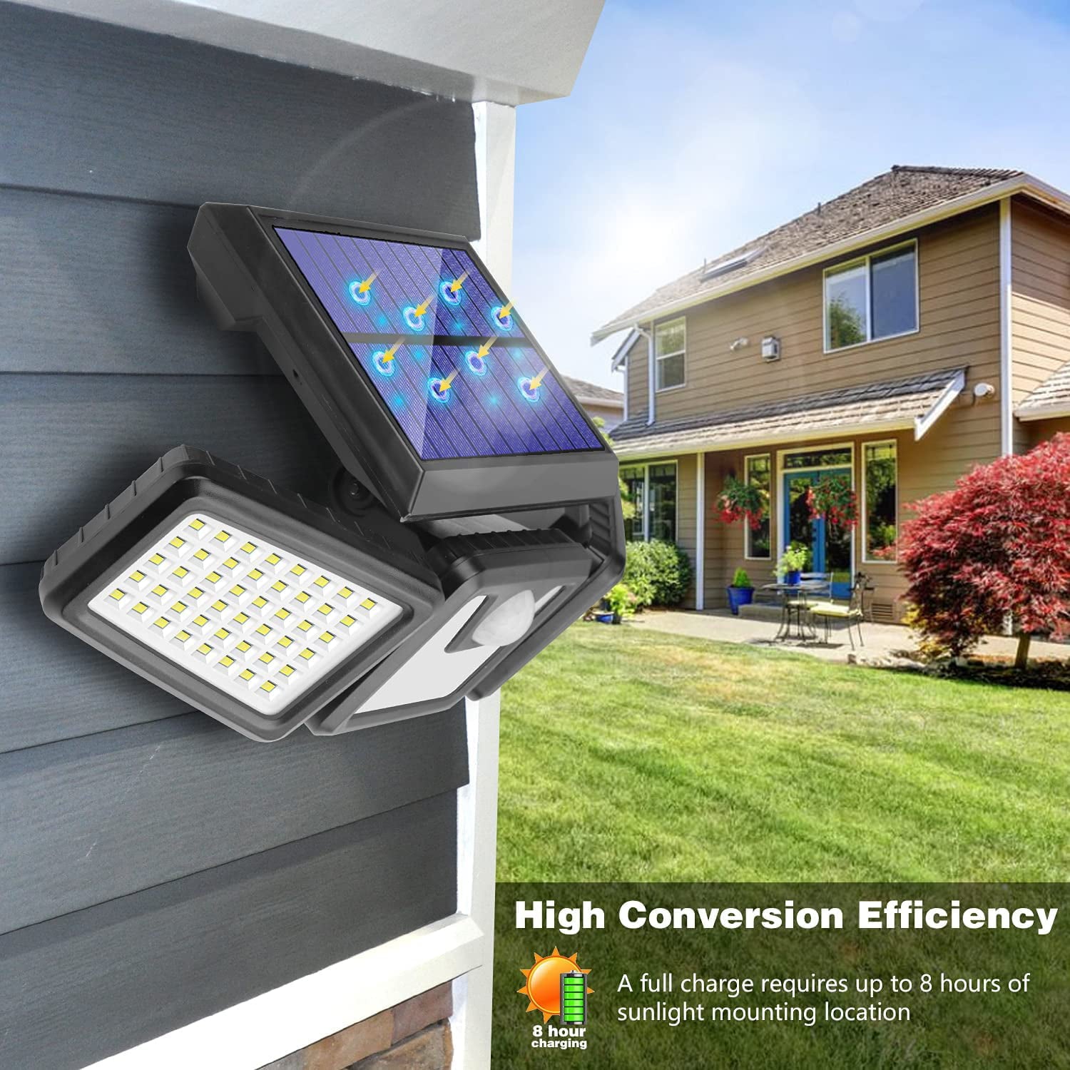 Solar Lights Outdoor， 2Pcs Solar Security Lights Motion Sensor Outdoor Flood Lights， Solar Porch Shop Light 270° Wide Angle Illumination，3 Heads Adjustable IP65 74 LEDs for Home Garden Patio Yard