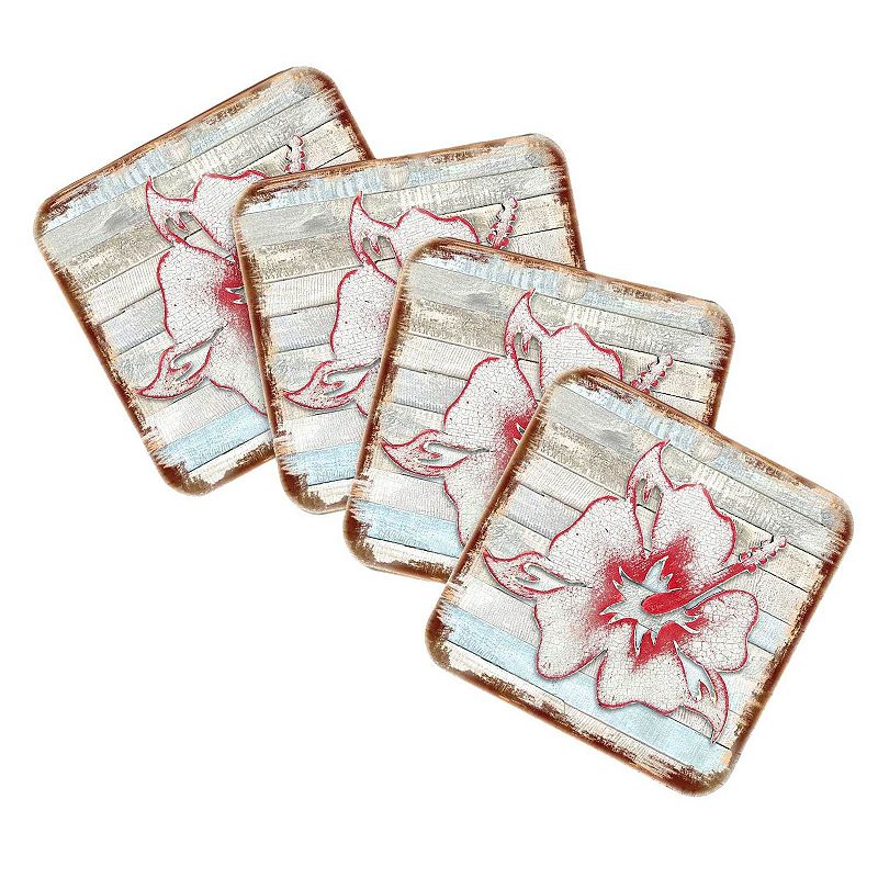 Hibiscus Flower Wooden Cork Coasters Gift Set of 4 by Nature Wonders